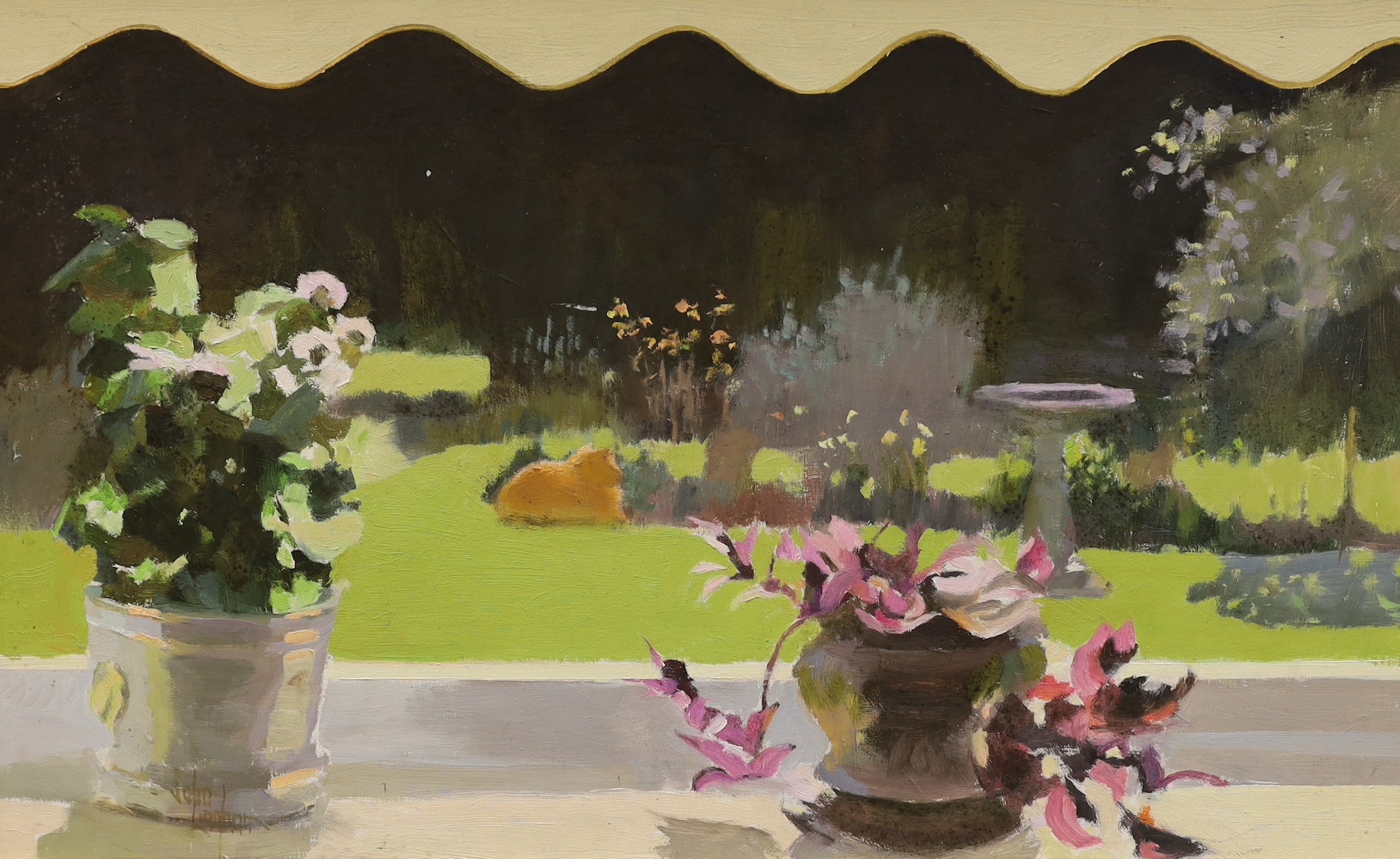 Modern British, oil on board, Pot plants with garden beyond, singned John?, 37 x 60cm